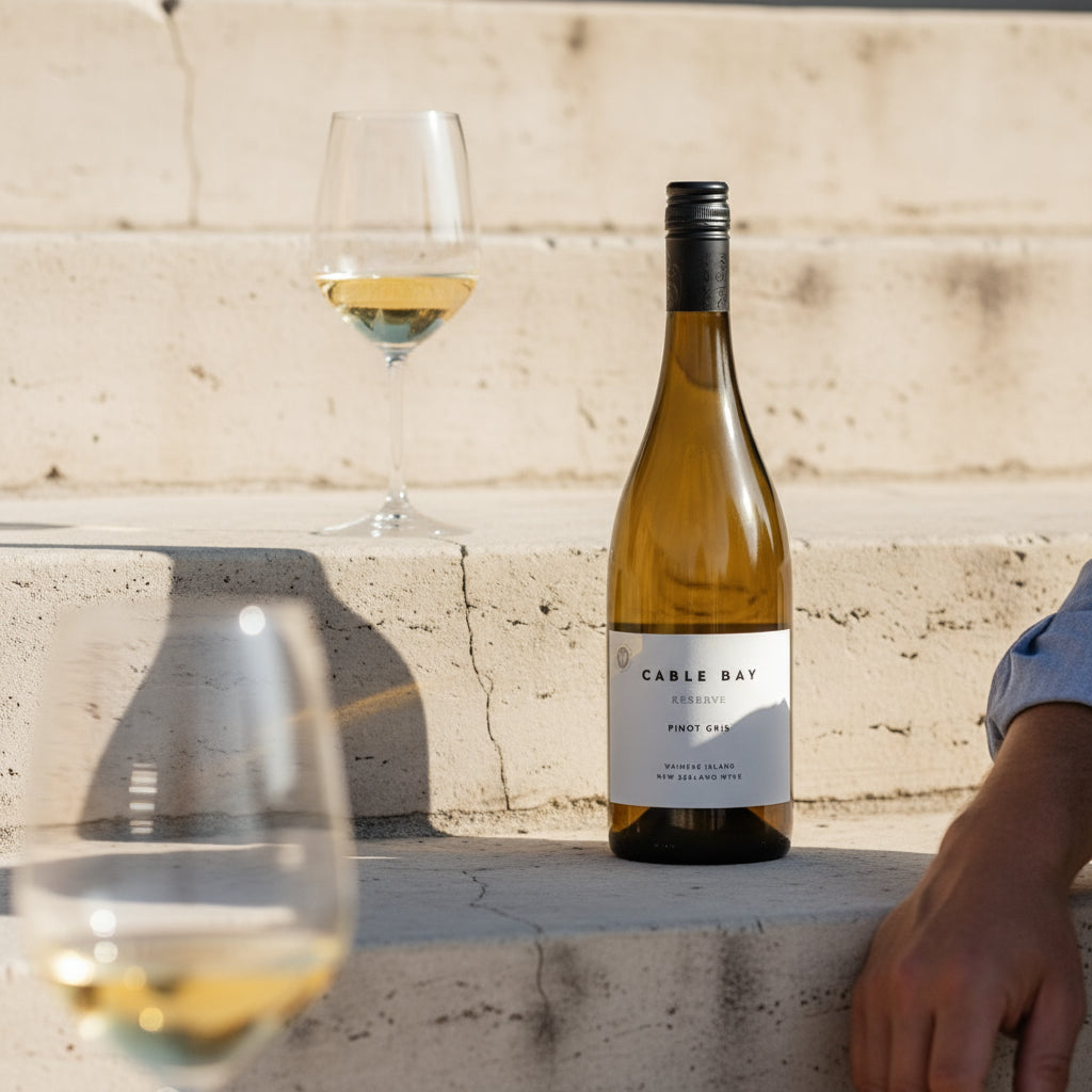 Load image into Gallery viewer, Bottle of Cable Bay Reserve Pinot Gris with two glasses of wine on a stone ledge.