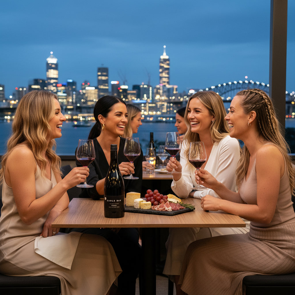 Group of women enjoying a bottle of Cable Bay Waiheke Island Syrah wine and food at a table with a city skyline in the background