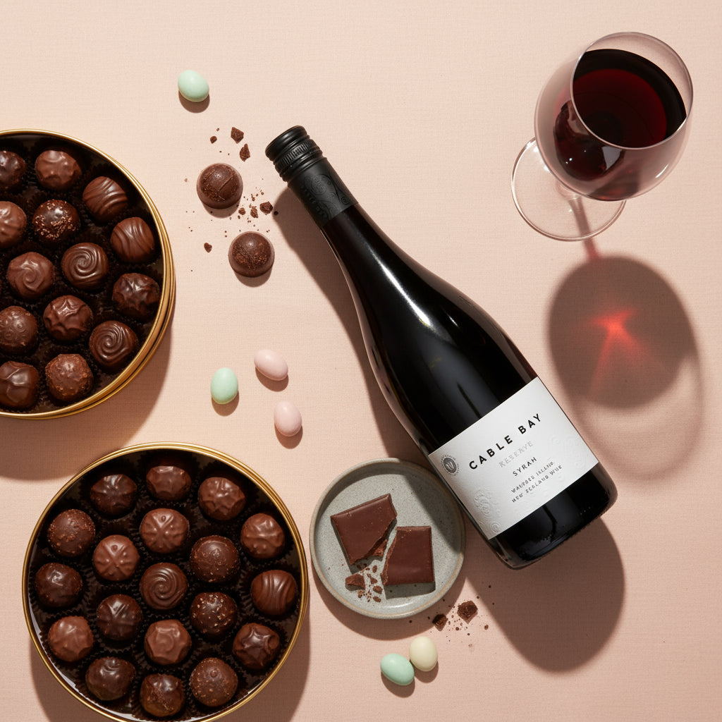 Bottle of Cable Bay Reserve Syrah wine with chocolates and a glass of red wine on a pink background