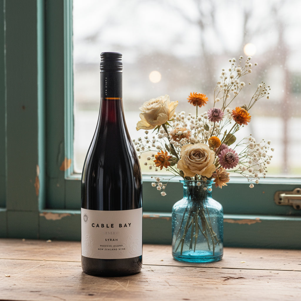 Load image into Gallery viewer, Cable Bay Reserve Syrah wine bottle labeled 'Cable Bay' next to a vase with flowers on a wooden surface.