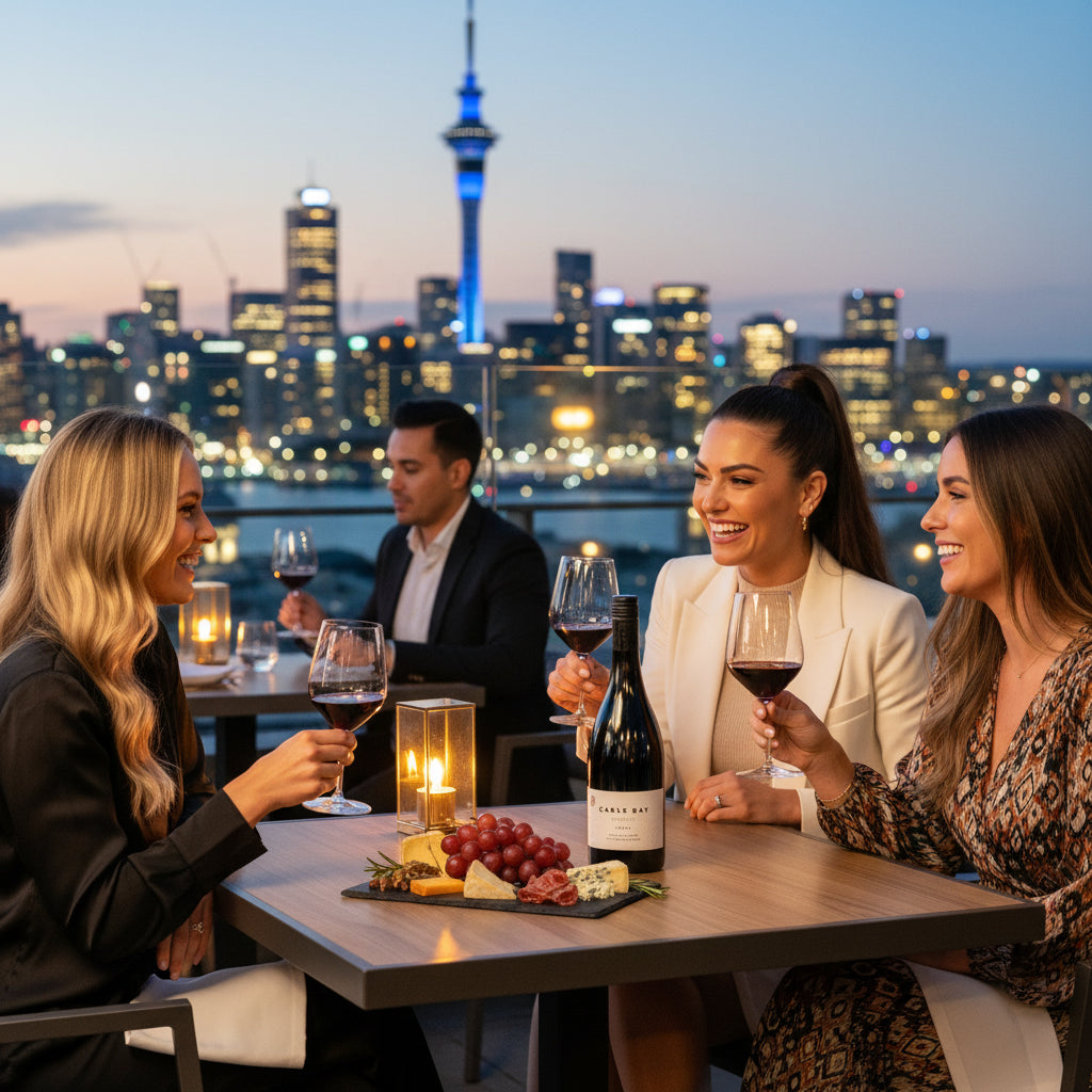 Load image into Gallery viewer, People enjoying a bottle of Cable Bay Reserve Syrah wine and cheese on a rooftop with a city skyline in the background