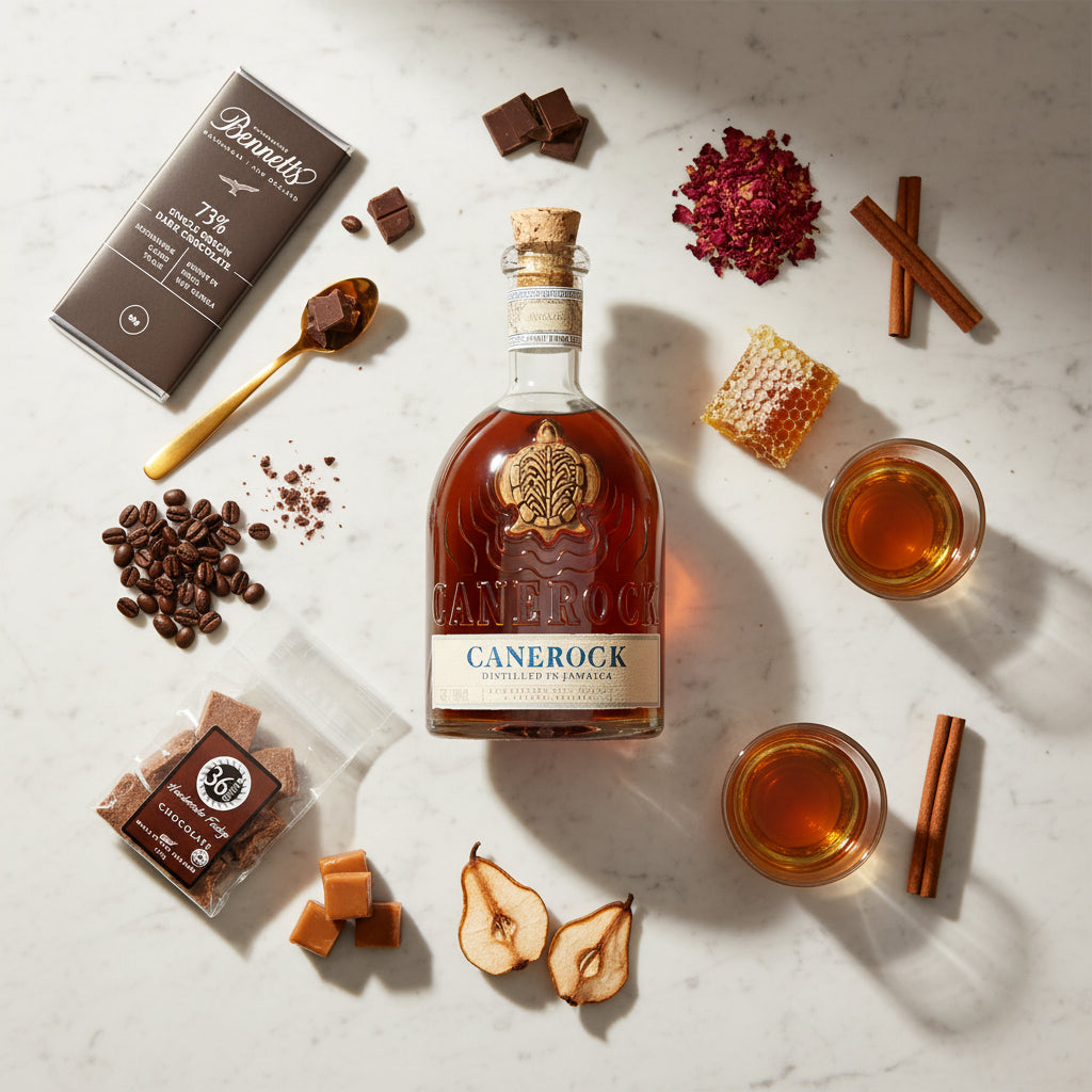 Load image into Gallery viewer, A bottle of Canerock Jamaican Spiced Rum centred on a light marble surface, surrounded by coffee beans, cinnamon sticks, dried flowers, honeycomb, caramel pieces, pears, chocolate pieces, and two glasses of Canerock rum. A Bennett's chocolate bar package to the top left and 36 Degrees chocolate fudge packet is visible in the lower left.