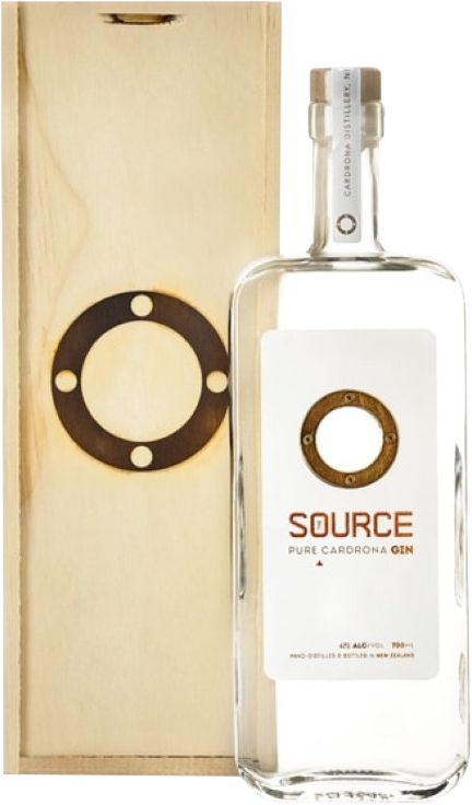 An image of a bottle of Cardrona The Source Gin beside its beautiful wooden gift box