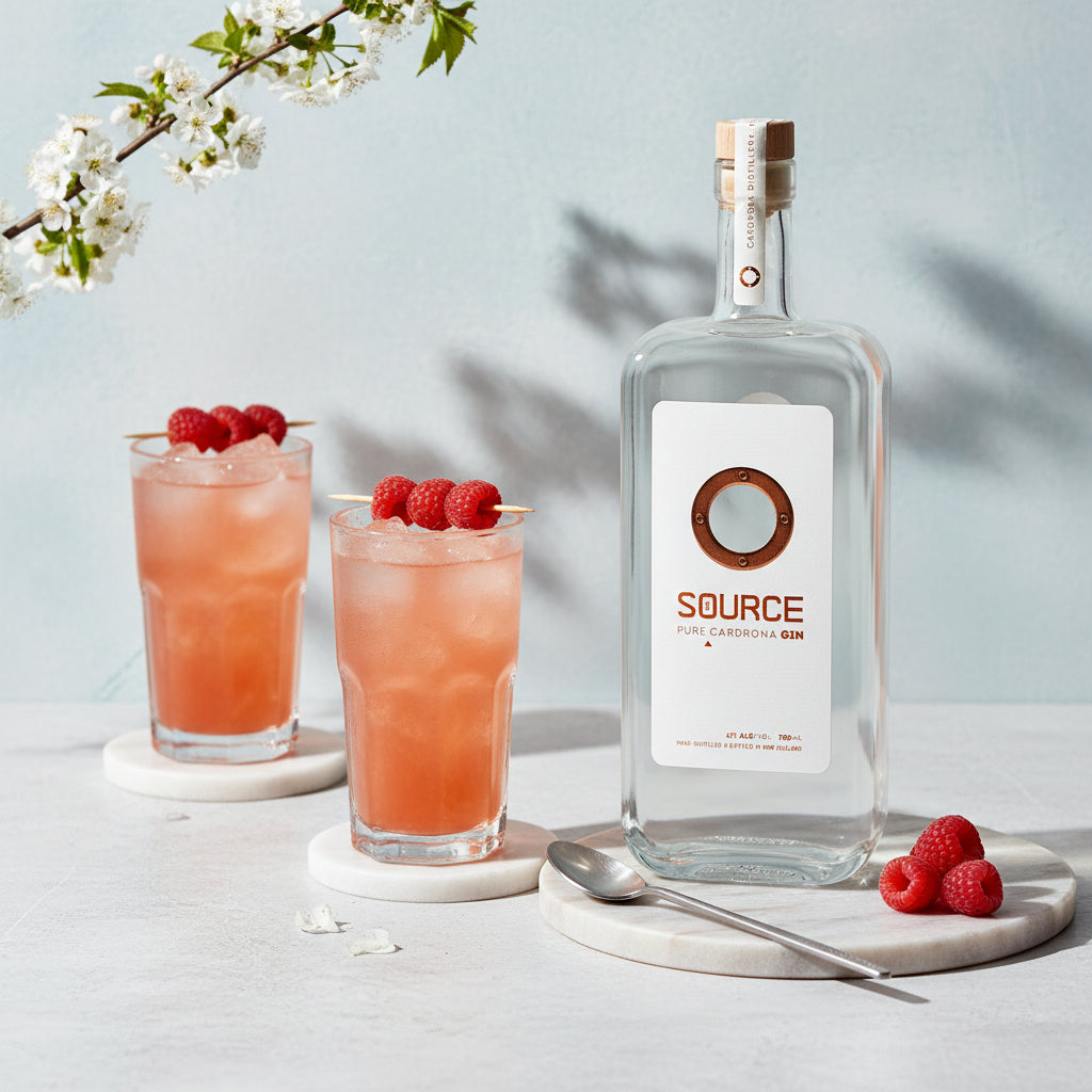 Load image into Gallery viewer, A bottle of the Source Pure Cardona Gin stands on a marble coaster beside two pink cocktails in glasses, with raspberries on top and a spoon nearby. The scene is styled on a light surface against a pale blue wall with soft shadows and a flowering branch in the upper left.
