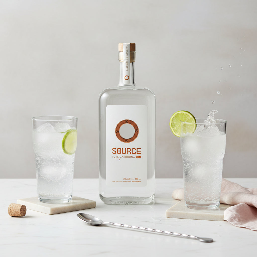Load image into Gallery viewer, A clear glass bottle of the Source Pure Cardrona Gin stands centred on a white marble surface, flanked by two tall glasses of iced gin with lime slices, a spoon, a cork, and a folded pink cloth against a light neutral background.