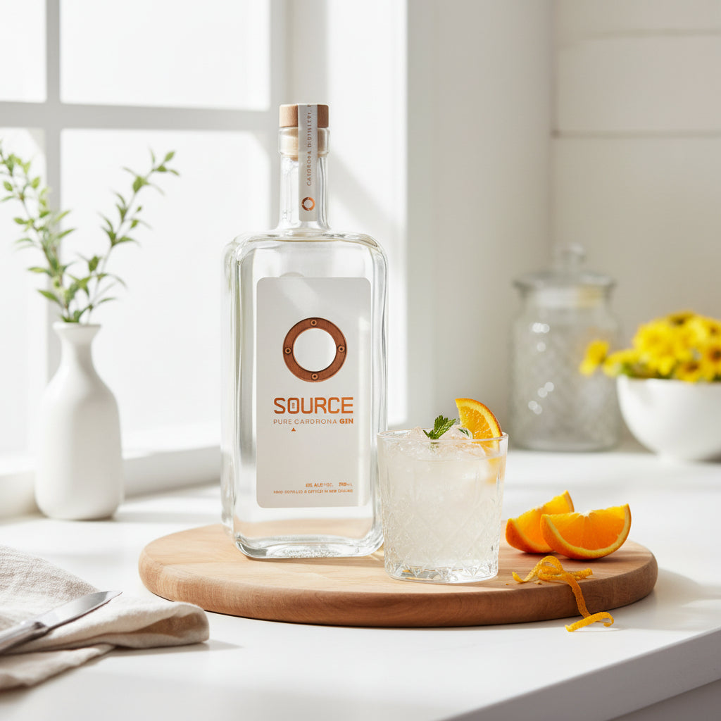 Load image into Gallery viewer, A clear glass bottle labeled SOURCE Pure Cardrona Gin stands on a wooden tray beside a glass of gin with ice, orange slices, and a mint garnish in a bright kitchen-like setting.