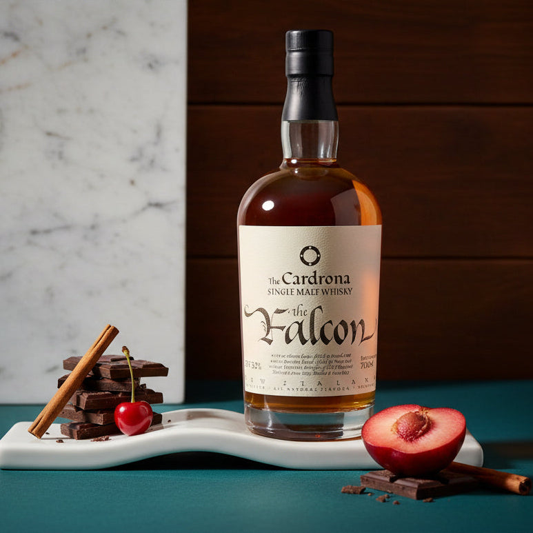 Load image into Gallery viewer, A bottle of The Cardona Single malt whisky 'The Falcon' is displayed on a white wavy serving board alongside chocolate pieces, a cinnamon stick, a cherry, and a sliced red fruit, set against a split marble and dark wood background.