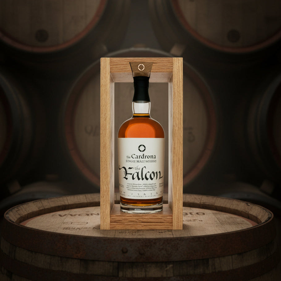 Load image into Gallery viewer, A bottle of The Cardrona 'The Falcon' single malt Scotch whisky in a light oak wooden presentation box, set on a wooden barrel with blurred whisky barrels in the background.
