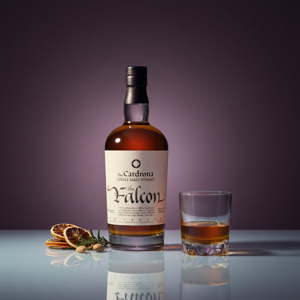 Load image into Gallery viewer, A bottle of Cardona The Falcon single malt whisky stands on a reflective surface next to a filled rocks glass, with dried orange slices and a sprig of rosemary as props against a dark purple gradient background.