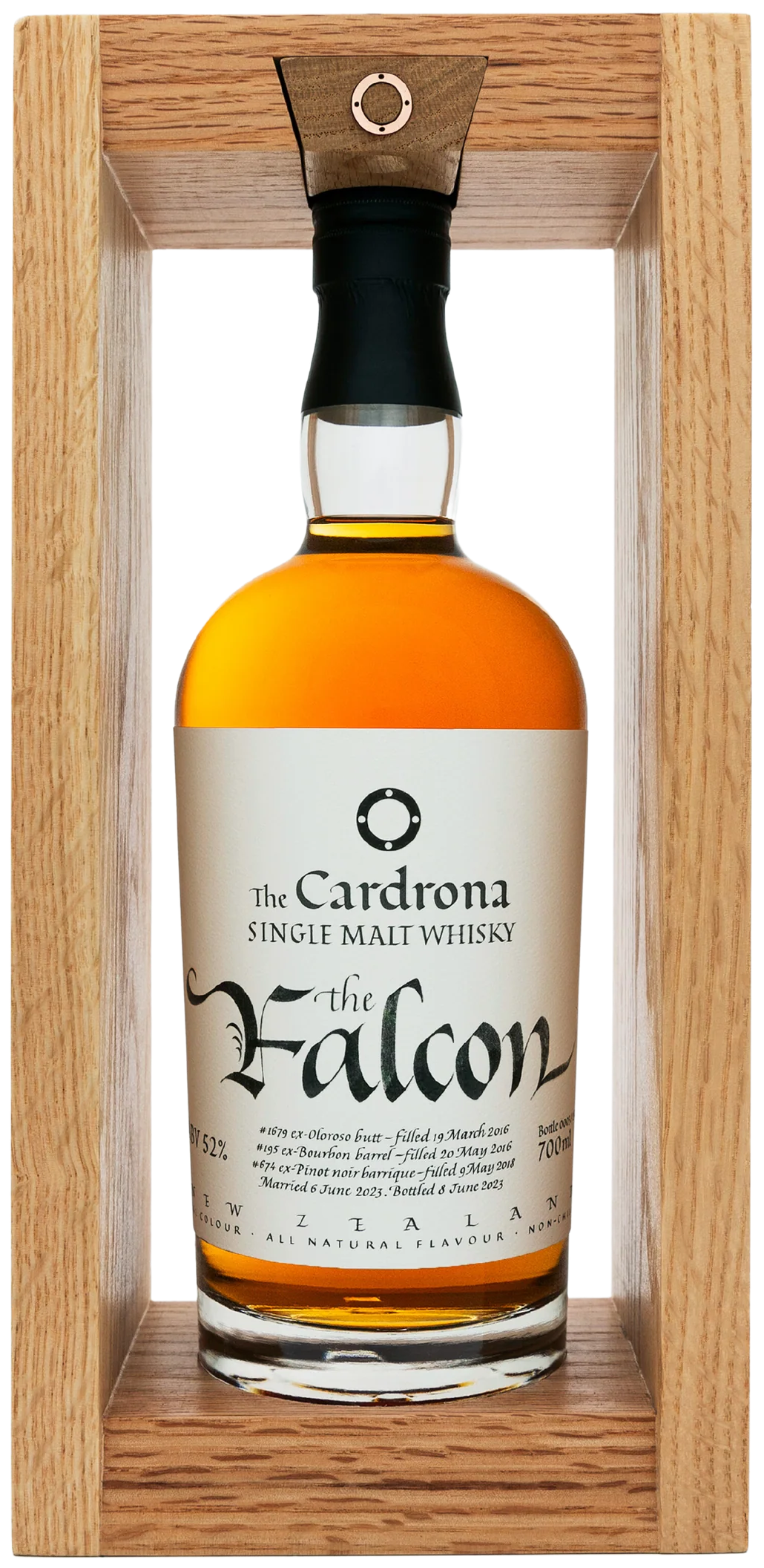 Load image into Gallery viewer, An image of a bottle of Cardrona's new  'The Falcon' Single Malt Whisky 700ml in its beautiful gift oak frame.