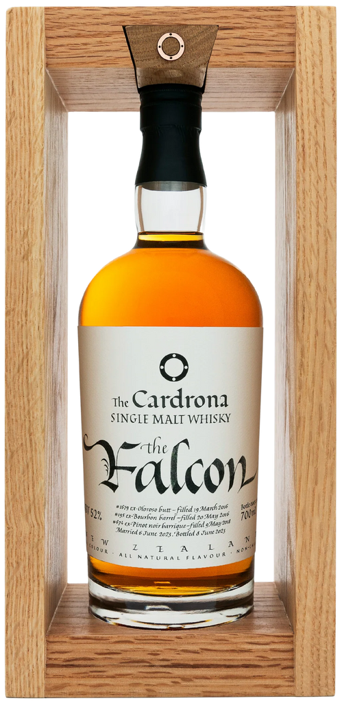 An image of a bottle of Cardrona's new  'The Falcon' Single Malt Whisky 700ml in its beautiful gift oak frame.