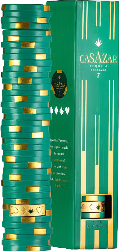 Load image into Gallery viewer, A bottle of CasAzar Reposado Tequila next to its gift box.