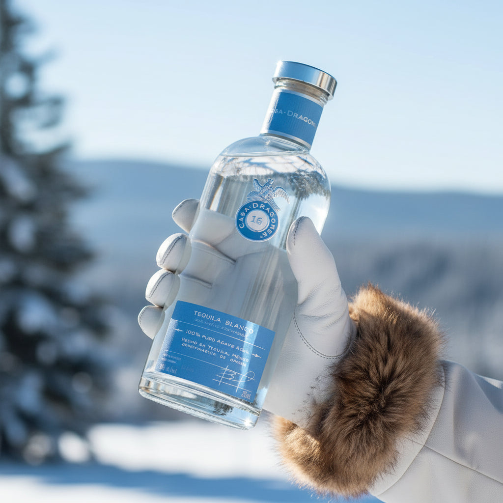 Load image into Gallery viewer, A woman in winter clothes holding a bottle of Casa Dragones Blanco Tequila on a sunny day