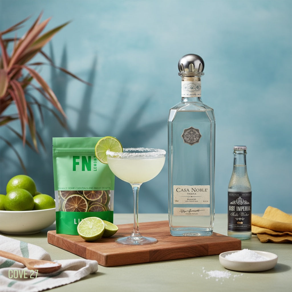 Load image into Gallery viewer, Casa Noble blanco tequila bottle with a margarita, east imperial soda water bottle  and limes on a wooden board.