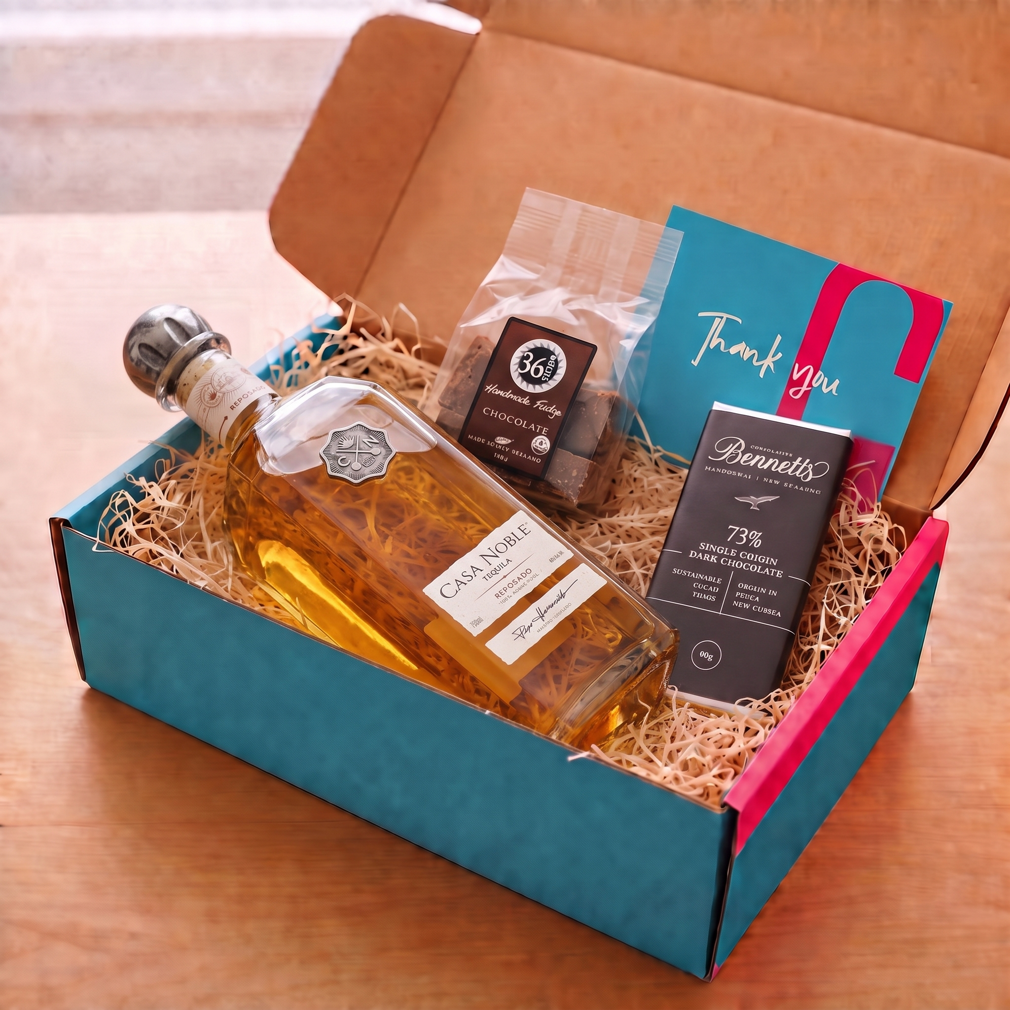 Load image into Gallery viewer, An open gift box filled with shredded paper on a wooden surface, containing a bottle of Casa Noble Reposado Tequila, a bag of 36 Degrees chocolate fudge, a Bennett's dark chocolate bar, and a blue and pink thank you card.