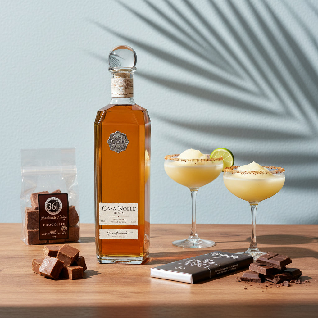 Load image into Gallery viewer, A bottle of Casa Noble Reposado Tequila is displayed on a wooden table alongside two margarita glasses, chocolate pieces, and a packet of 36 Degrees chocolate fudge, set against a light blue wall with palm leaf shadows.
