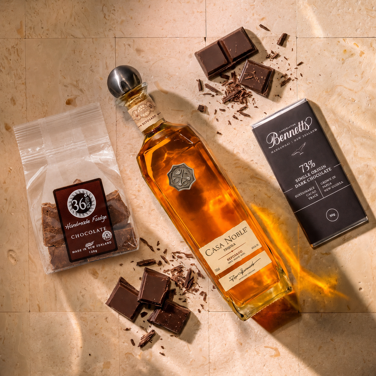 Load image into Gallery viewer, A styled flat-lay featuring a bottle of Casa Noble Reposado tequila, a bag of 36 Degrees Hands Made Chocolate Fudge, and a bar of Bennett's 73% Single Origin Dark Chocolate on a beige stone background with scattered chocolate pieces.