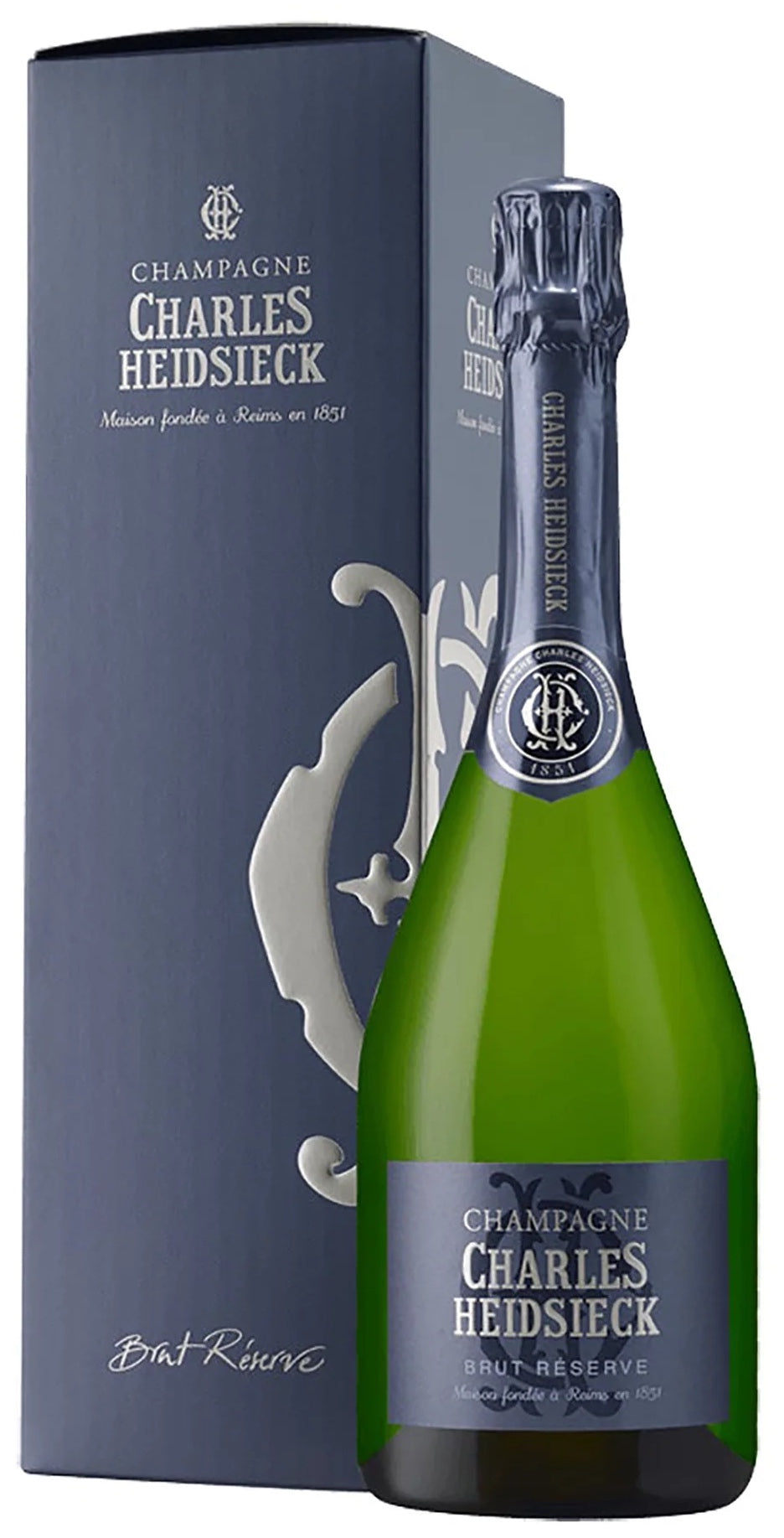 Load image into Gallery viewer, An image of a bottle of Charles Heidsieck Brut Reserve Champagne 750ml next to its beautiful gift box.