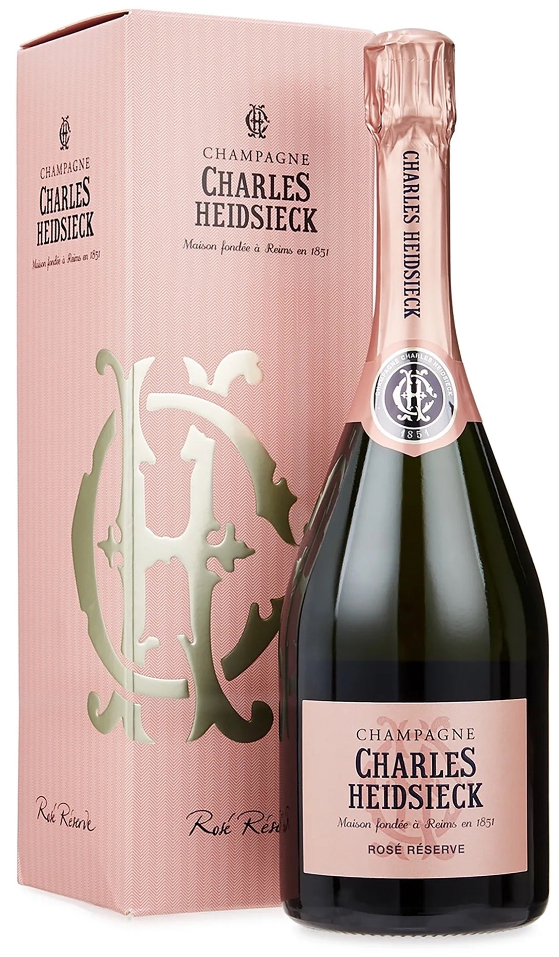Load image into Gallery viewer, An image of a bottle of Charles Heidsieck Rosé Reserve Champagne 750ml next to its stunning gift box