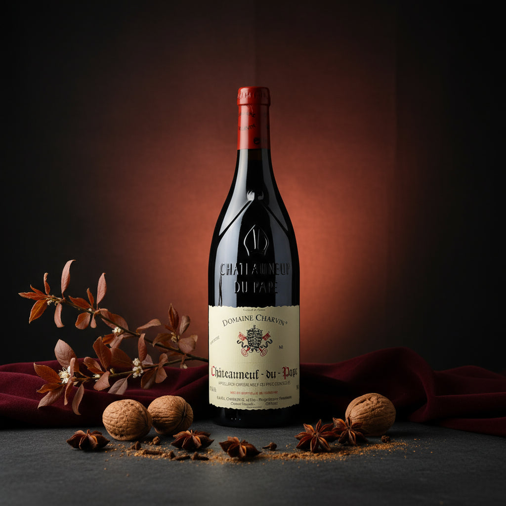 Load image into Gallery viewer, Bottle of Charvin Châteauneuf-du-Pape red wine with decorative elements on a dark background