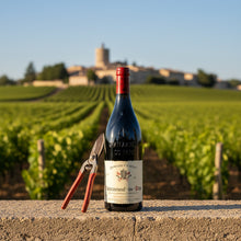 Load image into Gallery viewer, Bottle of Charvin Châteauneuf-du-Pape red wine with pruning shears on a stone ledge in a vineyard.