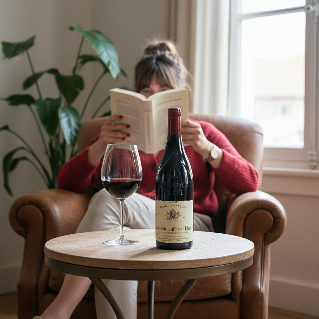Woman reading a book with a bottle of Charvin Châteauneuf-du-Pape red wine  and a glass on a small table.