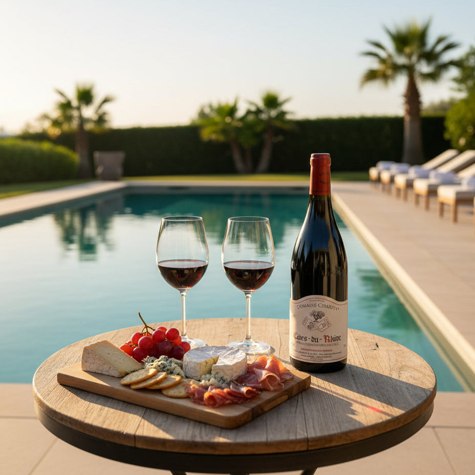 Bottle of Charvin Cotes du Rhone wine, two glasses, and a charcuterie board by a poolside.