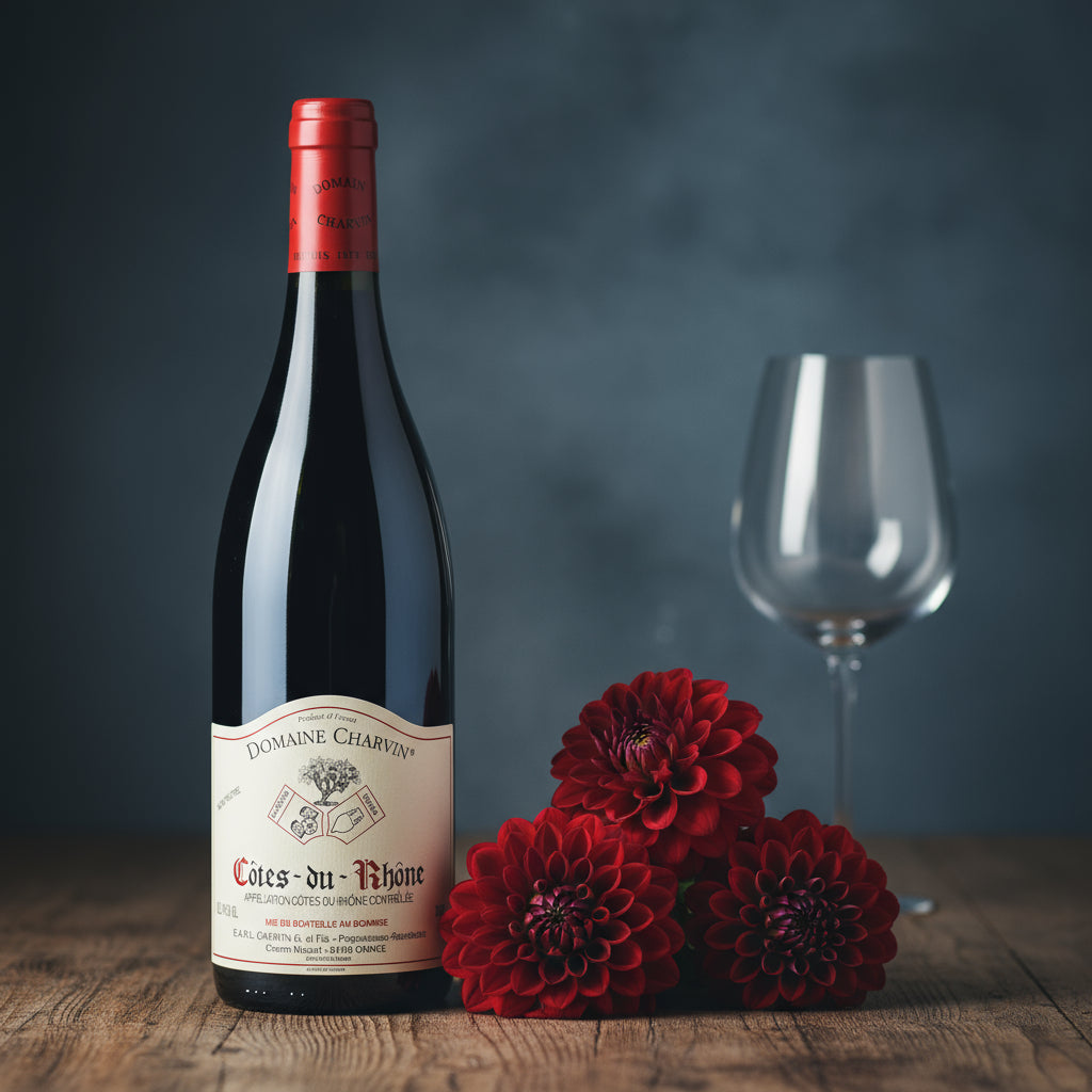 Charvin Cotes du Rhone wine red wine bottle with a label, accompanied by red flowers and an empty glass on a wooden surface.