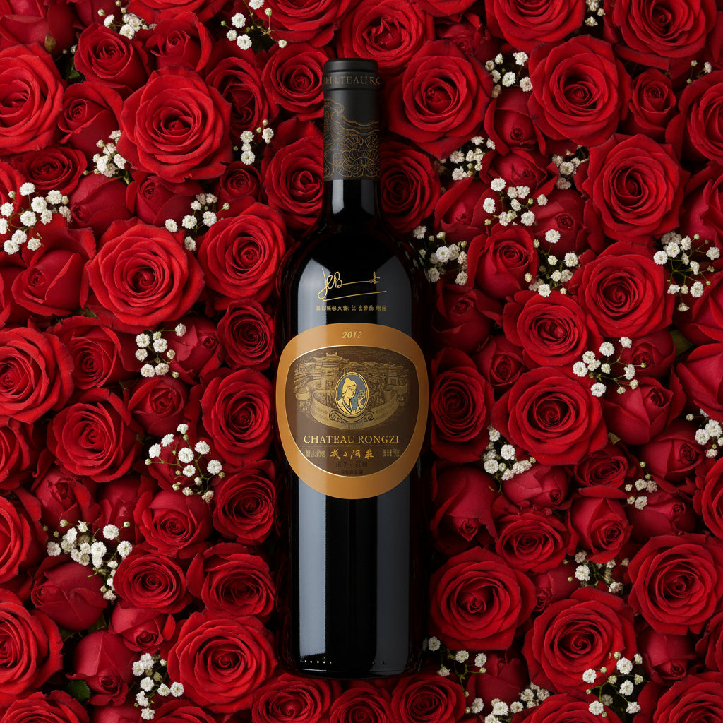 Load image into Gallery viewer, A bottle of Chateau Rongzi Brown Label Bordeaux blend red wine surrounded by red roses