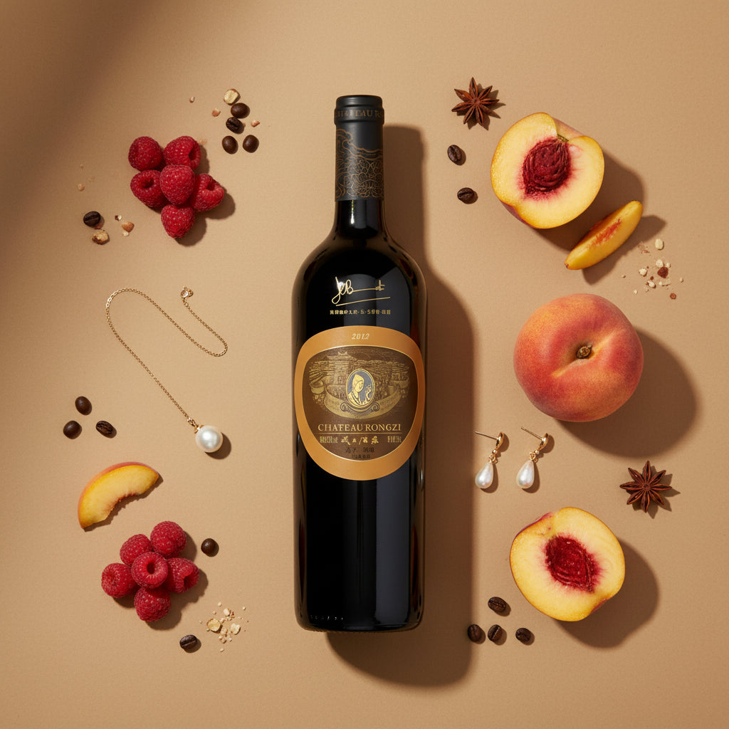 Load image into Gallery viewer, Chateau Rongzi Brown Label Bordeaux blend red wine bottle with decorative elements on a beige background