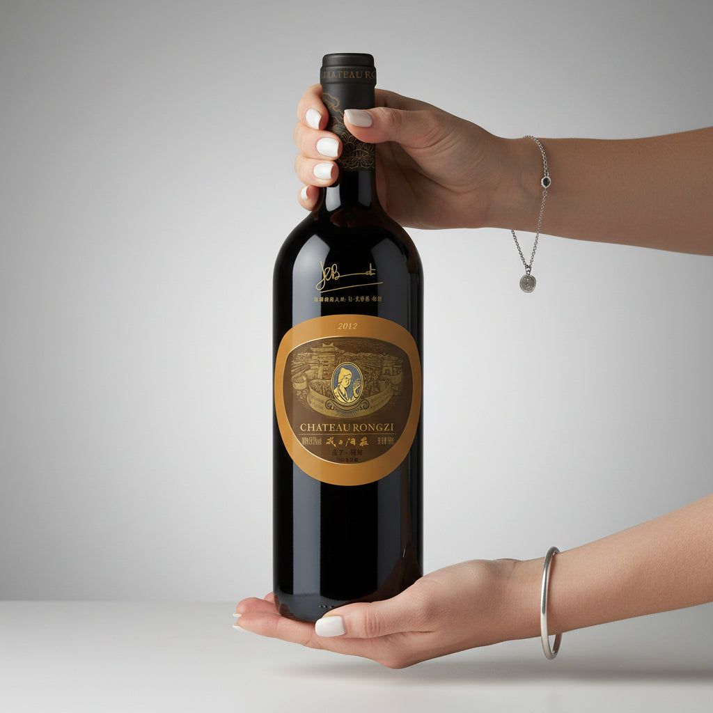 Load image into Gallery viewer, Bottle of Chateau Rongzi Brown Label Bordeaux blend red wine held by a hand on a gray background