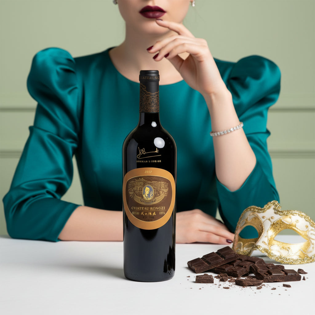 Load image into Gallery viewer, Woman in teal blouse with a bottle of Chateau Rongzi Brown Label Bordeaux blend red wine, chocolate, and a gold mask on a light background