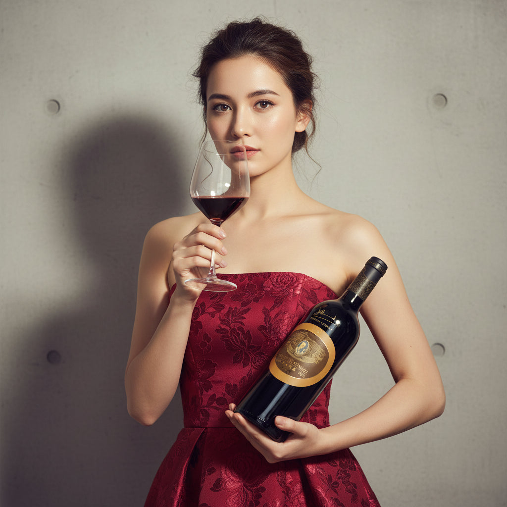 Load image into Gallery viewer, Woman in a red dress holding a bottle of Chateau Rongzi Brown Label Bordeaux blend red wine and glass of red wine against a plain background