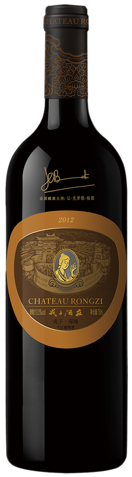 Chateau Rongzi Brown Label Bordeaux blend red wine bottle with gold label featuring a logo and text