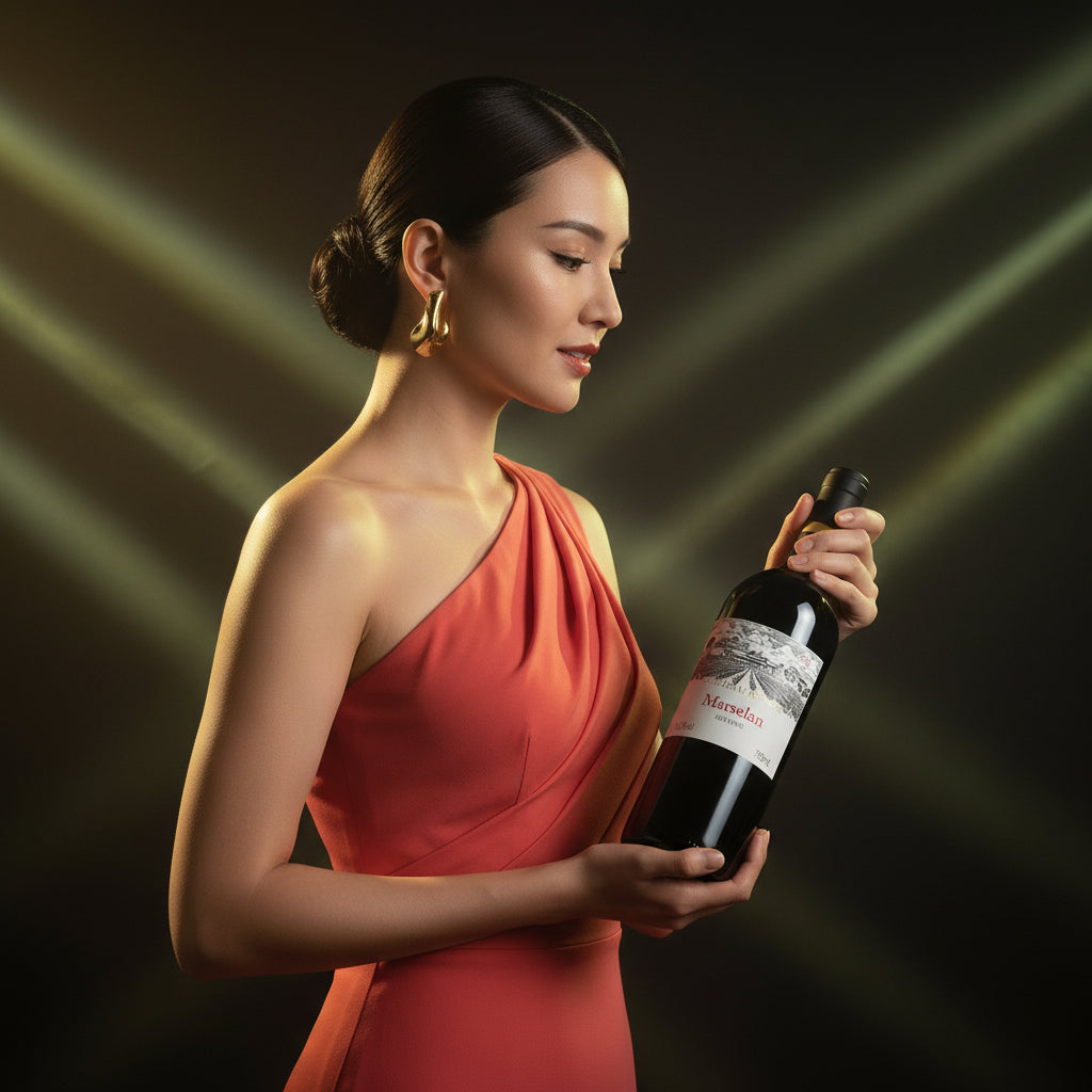 Load image into Gallery viewer, Woman in a red dress holding a Chateau Rongzi Marselan wine bottle against a dark background