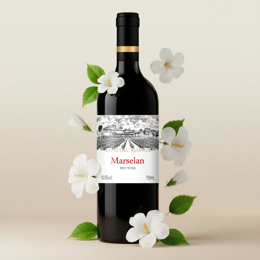 Load image into Gallery viewer, Bottle of Chateau Rongzi Marselan red wine with a decorative background of flowers and leaves.