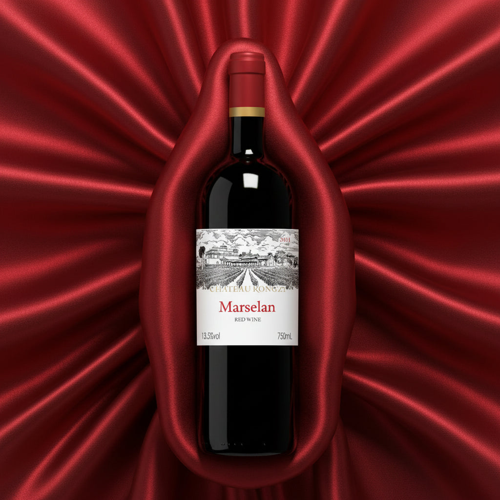 Load image into Gallery viewer, Chateau Rongzi Marselan wine bottle on a red fabric background