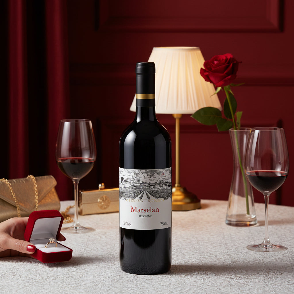 Load image into Gallery viewer, Bottle of Chateau Rongzi Marselan red wine with two glasses, a rose, and a ring box on a table.