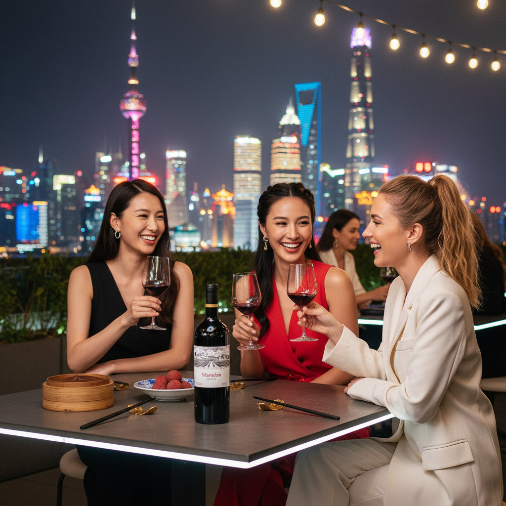 Load image into Gallery viewer, Three women enjoying a bottle of Chateau Rongzi Marselan red wine at a rooftop bar with a city skyline in the background