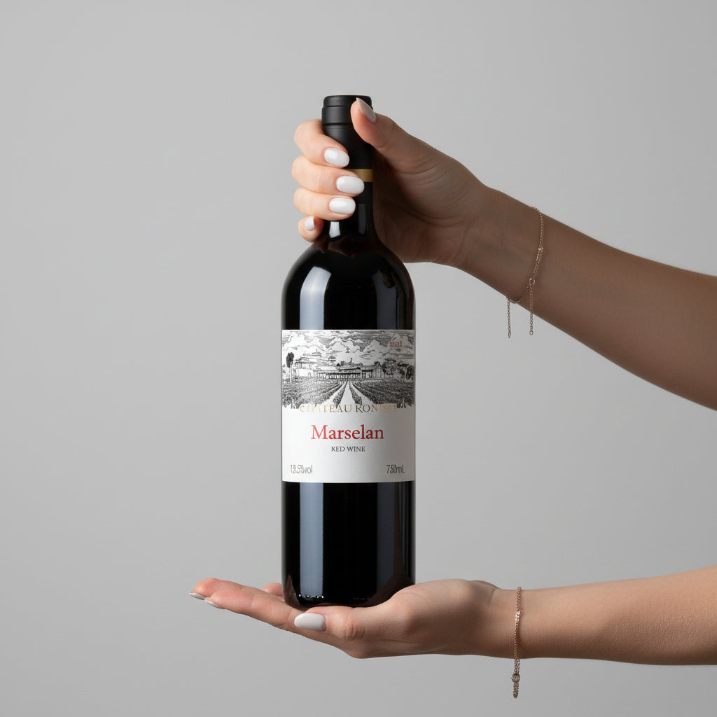 Load image into Gallery viewer, Woman hands holding a bottle of Chateau Rongzi Marselan wine against a grey background