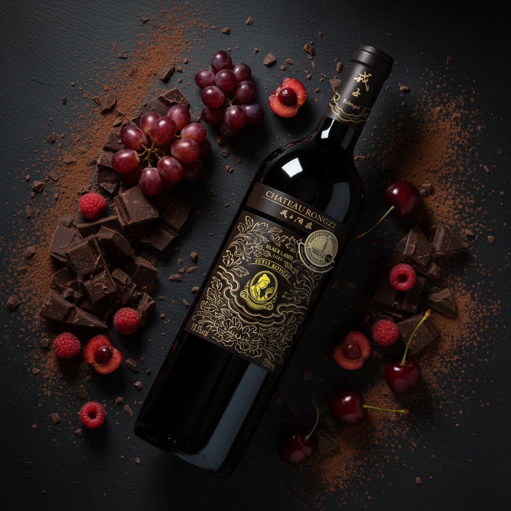 Load image into Gallery viewer, Bottle of Chateau Rongzi Petit Black Label wine with grapes, chocolate, and berries on a dark surface
