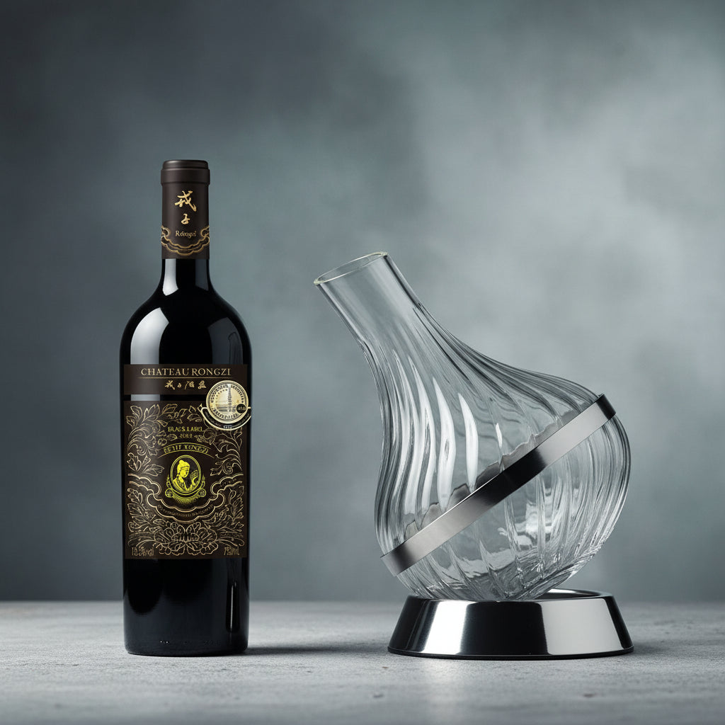 Load image into Gallery viewer, A bottle of Chateau Rongzi Petit Black Label red wine and glass decanter on a gray background