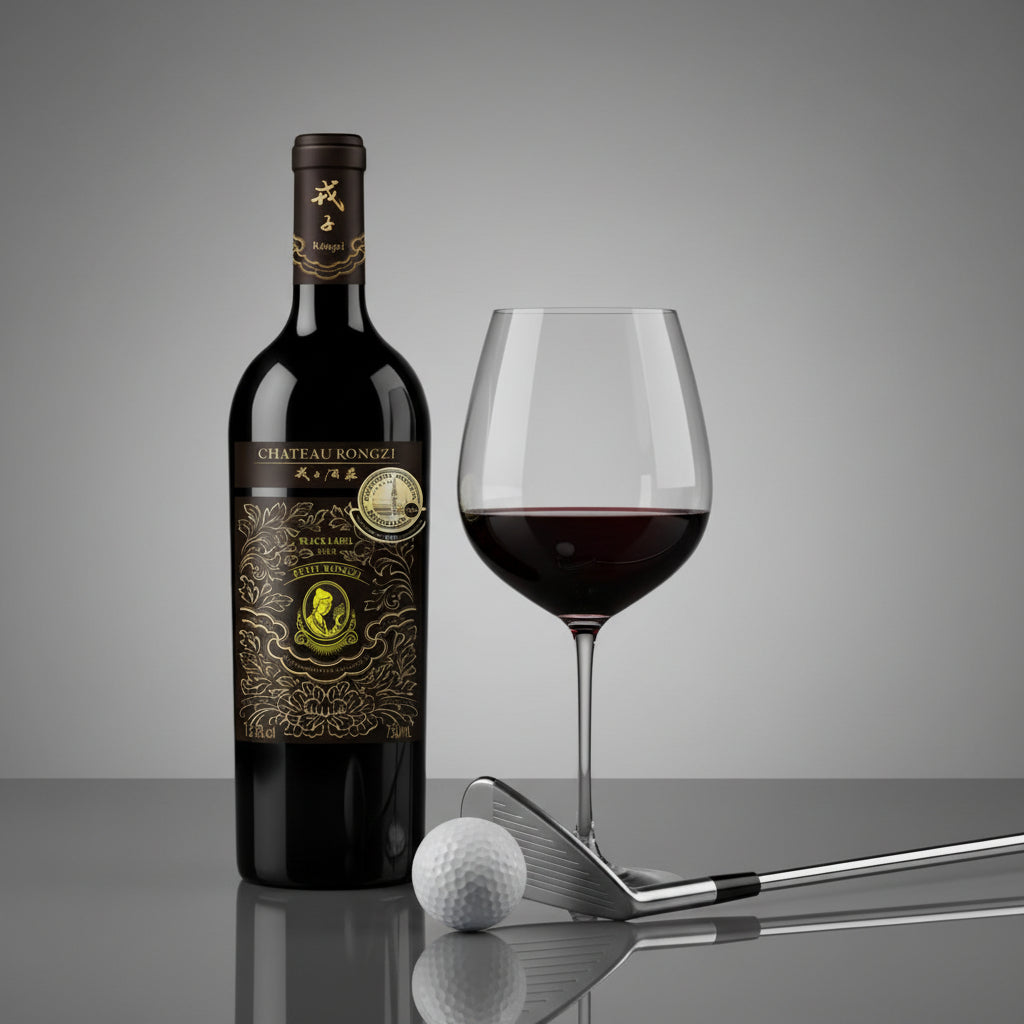Load image into Gallery viewer, A bottle of Chateau Rongzi Petit Black Label, a golf ball, and golf club on a reflective surface with a grey background