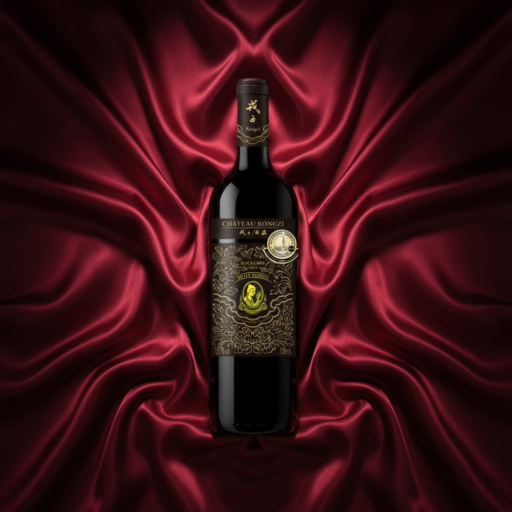 Load image into Gallery viewer, Chateau Rongzi Petit Black Label bottle lying in a red silk sheet