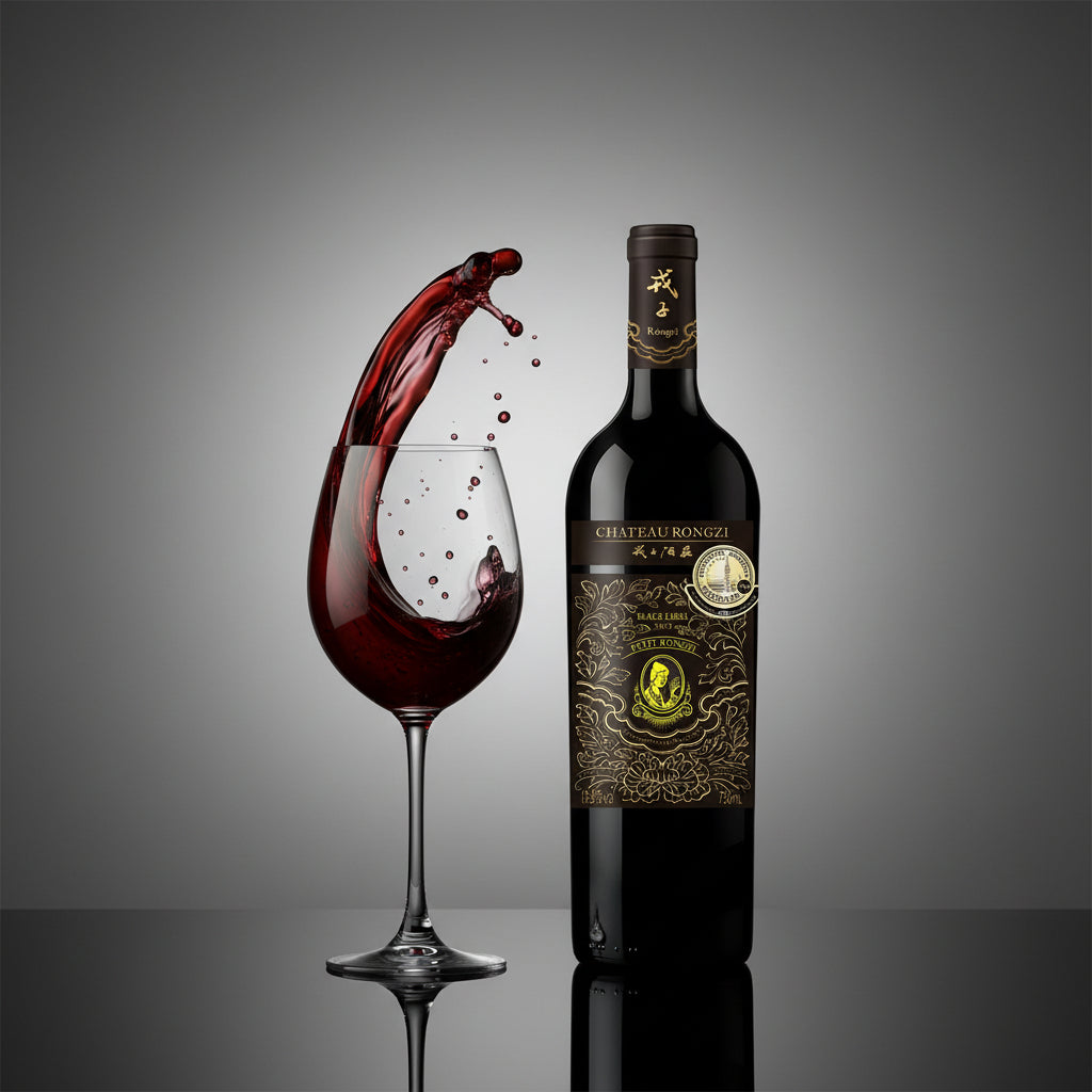 Load image into Gallery viewer, An art style image wit a bottle of Chateau Rongzi Petit Black Label and next to a glass of red wine spashing up the sides of the glass.