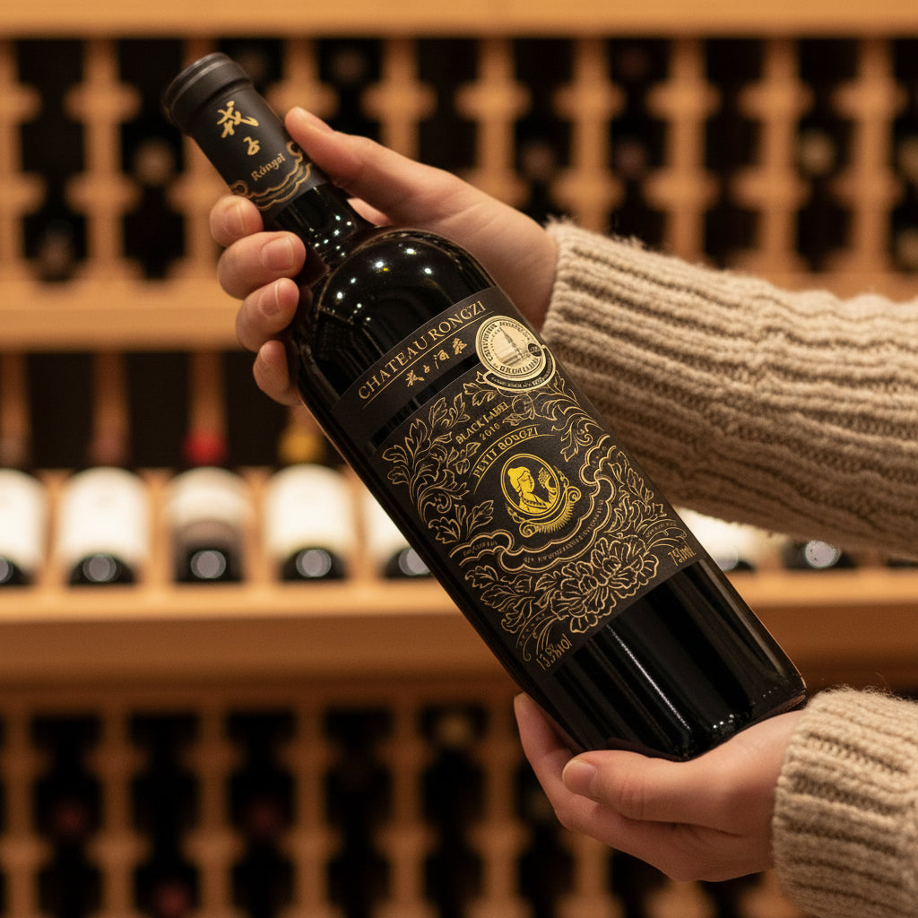 Load image into Gallery viewer, A woman holding a bottle of Chateau Rongzi Petit Black Label in her hands in a wine cellar
