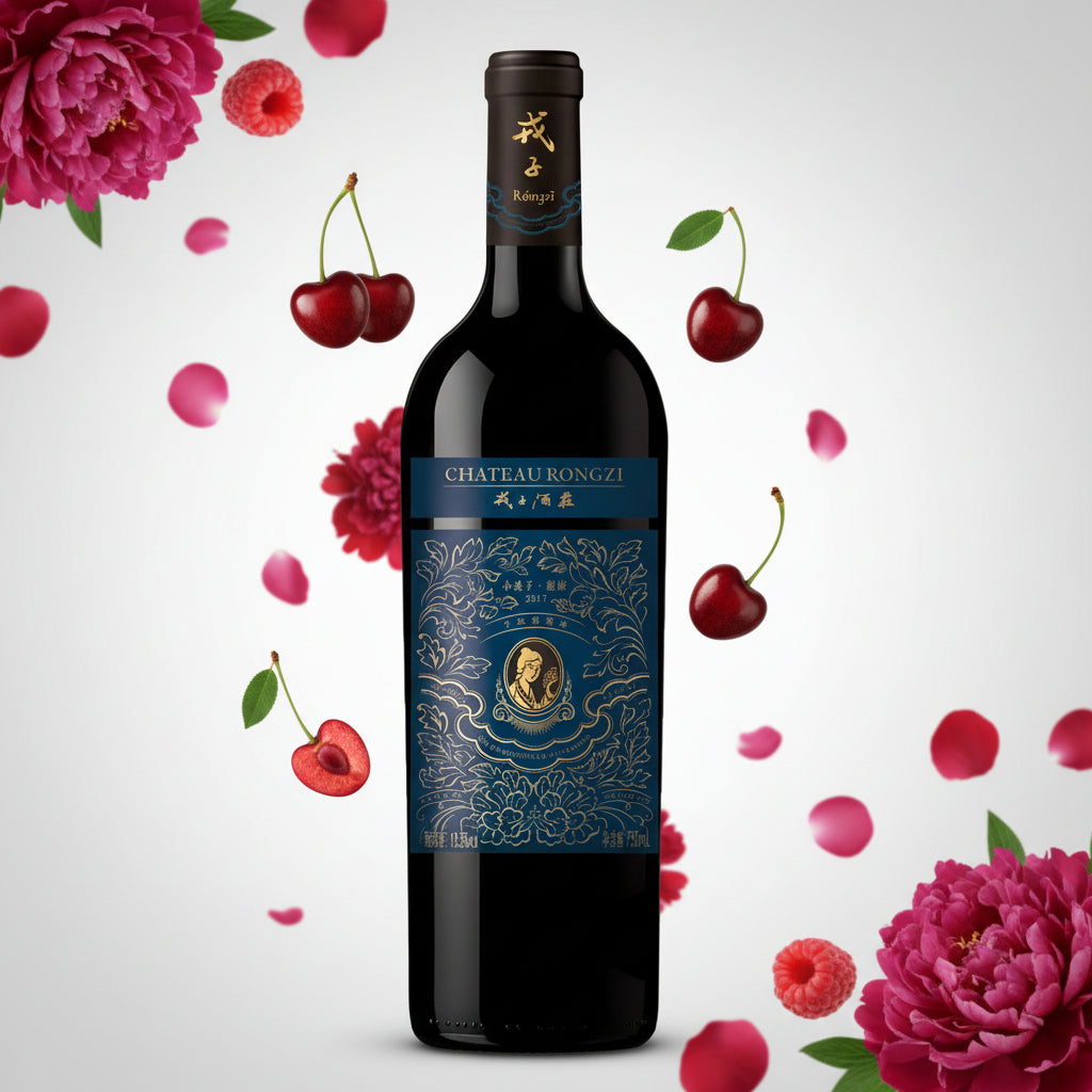 Load image into Gallery viewer, Chateau Rongzi Petit Blue Label wine bottle with decorative label surrounded by cherries and flowers on a light background