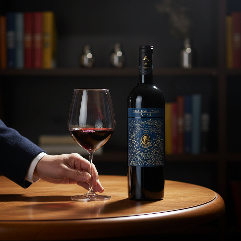 Load image into Gallery viewer, Bottle of Chateau Rongzi Petit Blue Label red wine and a glass on a wooden table with a blurred bookshelf background