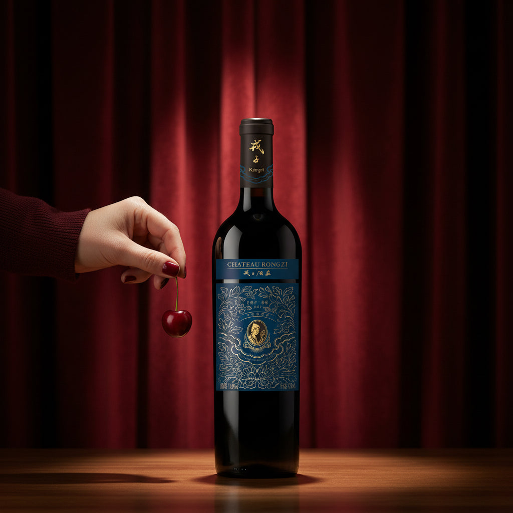 Load image into Gallery viewer, Bottle of Chateau Rongzi Petit Blue Label wine with a hand holding a cherry against a red curtain background