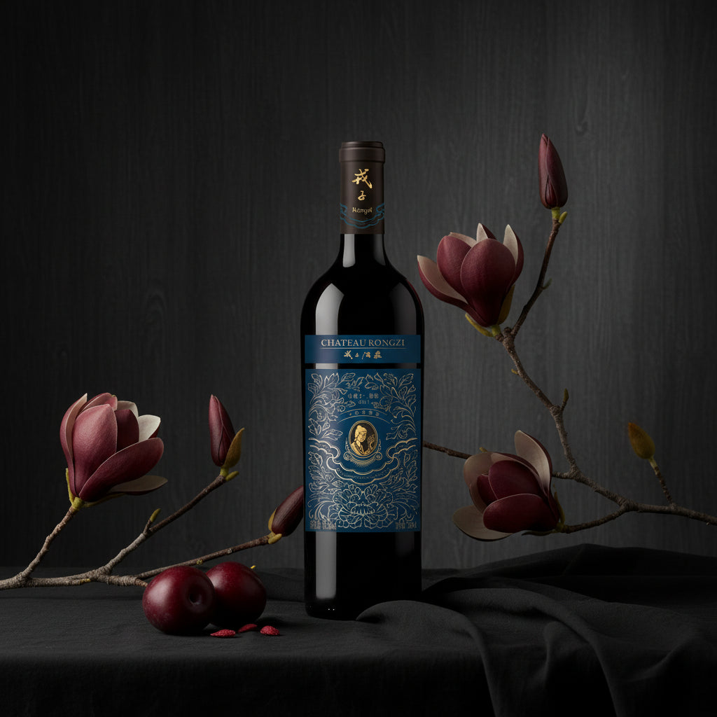 Load image into Gallery viewer, Chateau Rongzi Petit Blue Label wine bottle with a decorative label surrounded by magnolia branches on a dark background
